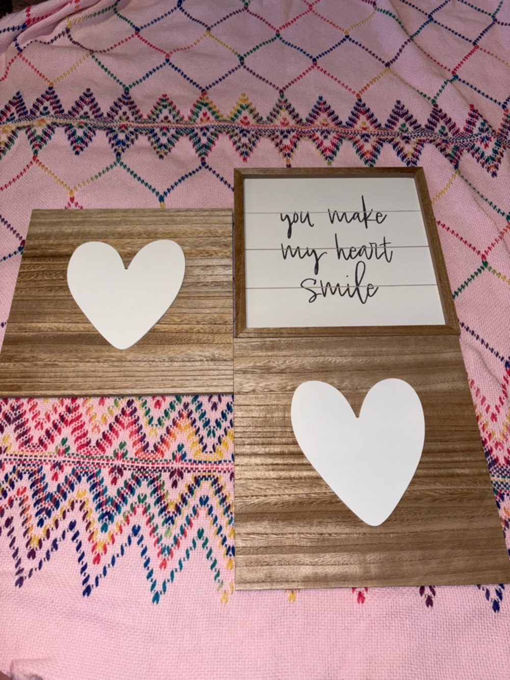 Wooden Heart Wall Art Set - White Hearts on Natural Wood